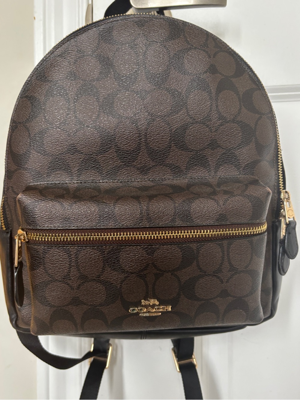 Coach Brown/Black Signature Coated Canvas Backpack with Gold Hardware